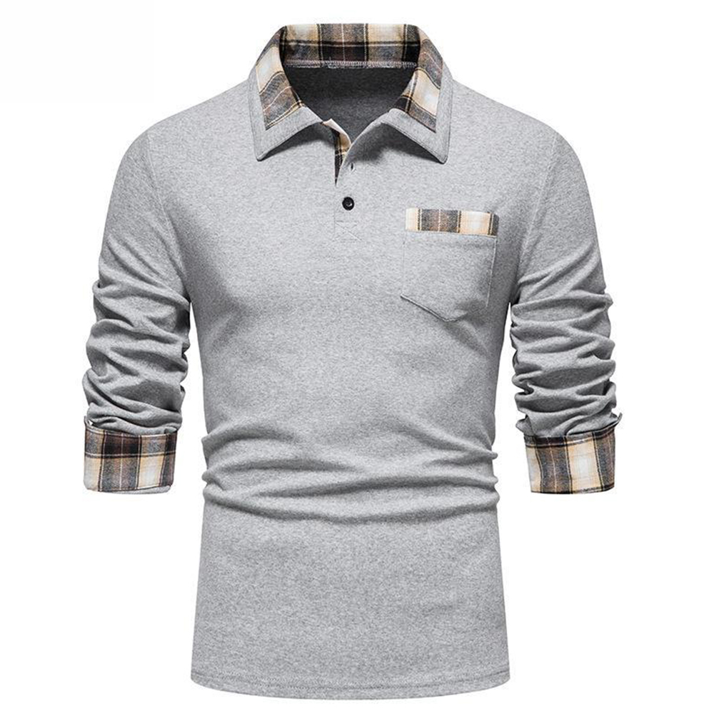 Diggetty New Men's Plaid Long Sleeve Color Matching Polo Shirt