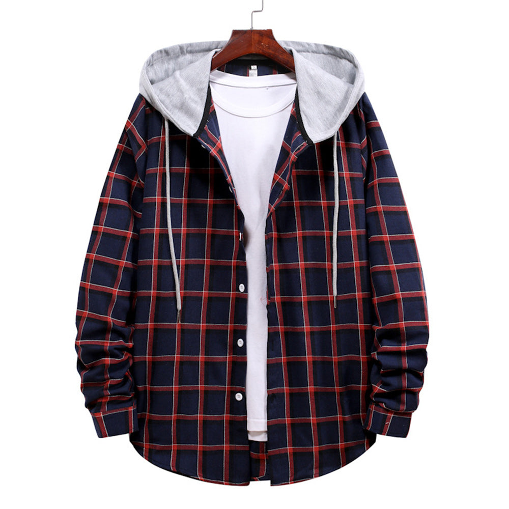Men's Plaid Hooded Long Sleeve Shirt Jacket