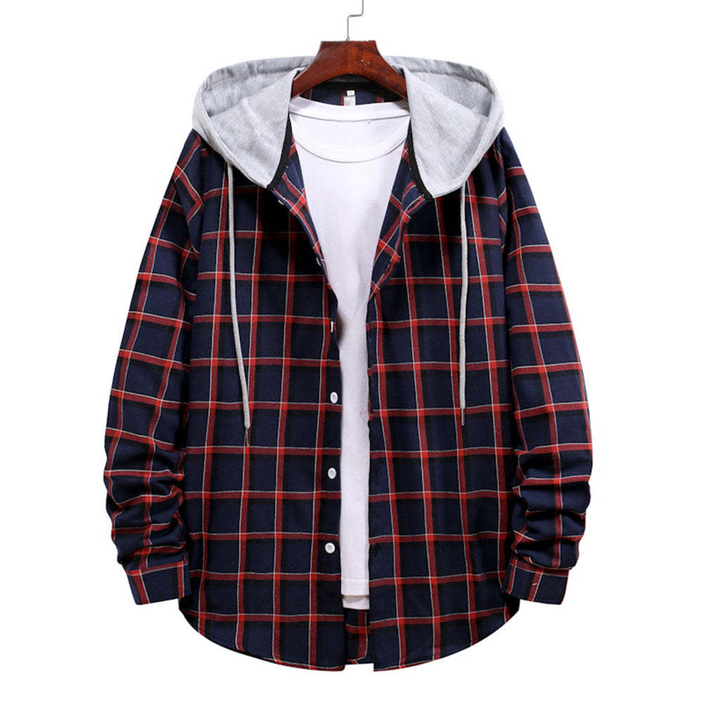 Men's Plaid Hooded Long Sleeve Shirt Jacket