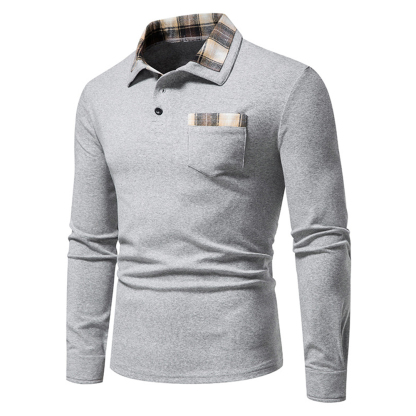 Diggetty New Men's Plaid Long Sleeve Color Matching Polo Shirt