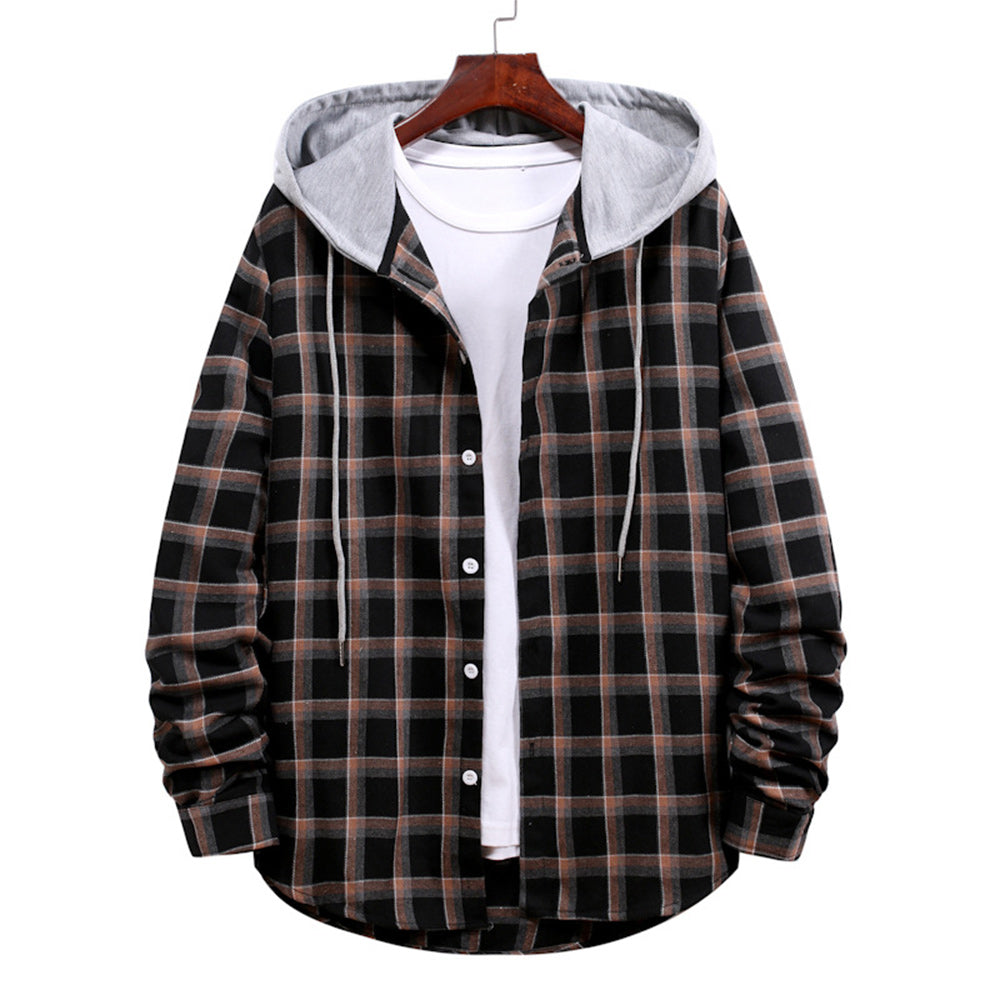 Men's Plaid Hooded Long Sleeve Shirt Jacket