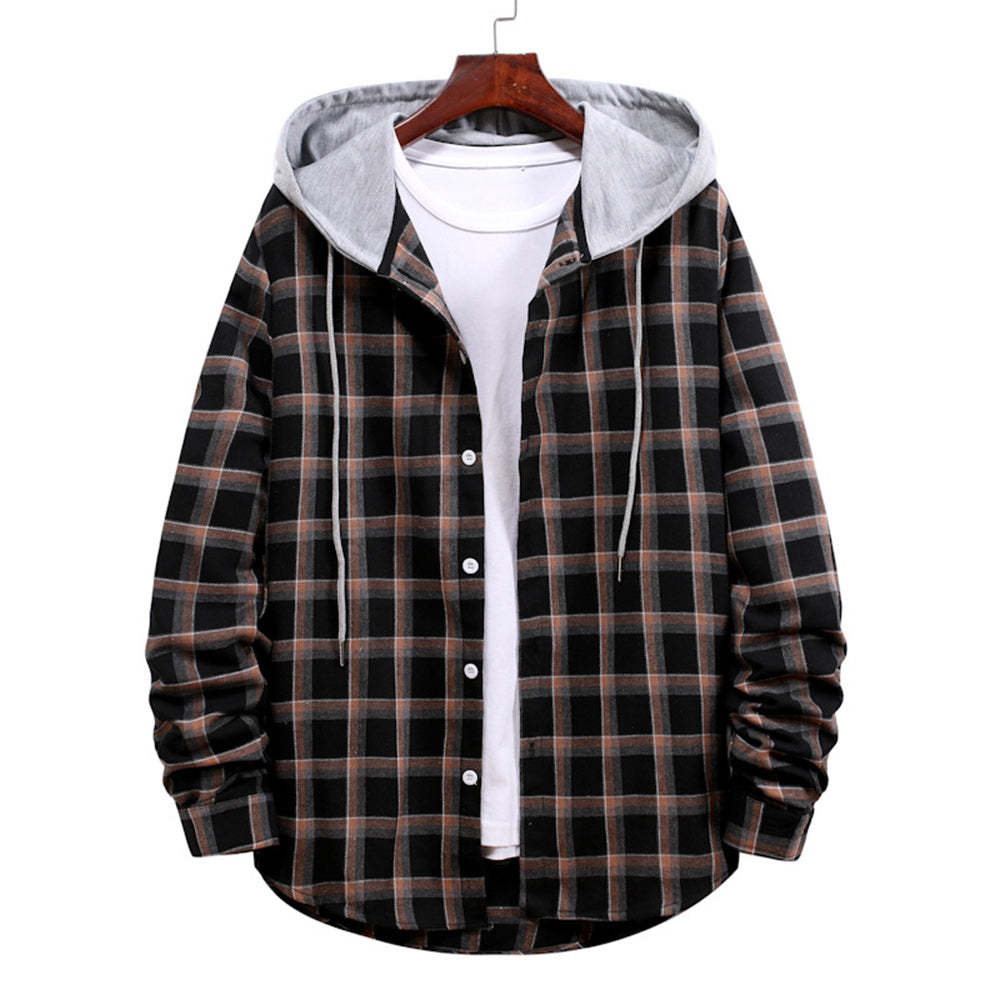 Men's Plaid Hooded Long Sleeve Shirt Jacket