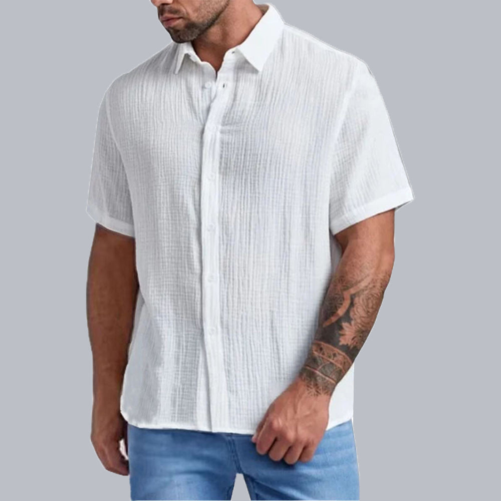 New Men's Slim Lapel Collar Pleated Short Sleeve Shirt