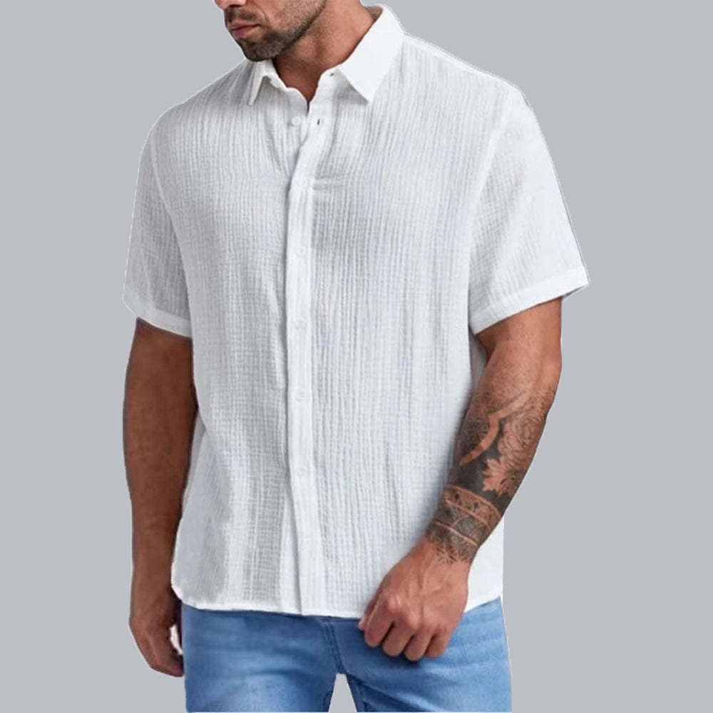 Lucisdream New Men's Slim Lapel Collar Pleated Short Sleeve Shirt