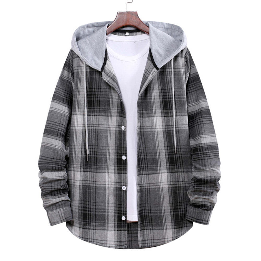 Men's Plaid Hooded Long Sleeve Shirt Jacket