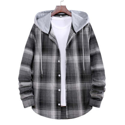 Men's Plaid Hooded Long Sleeve Shirt Jacket