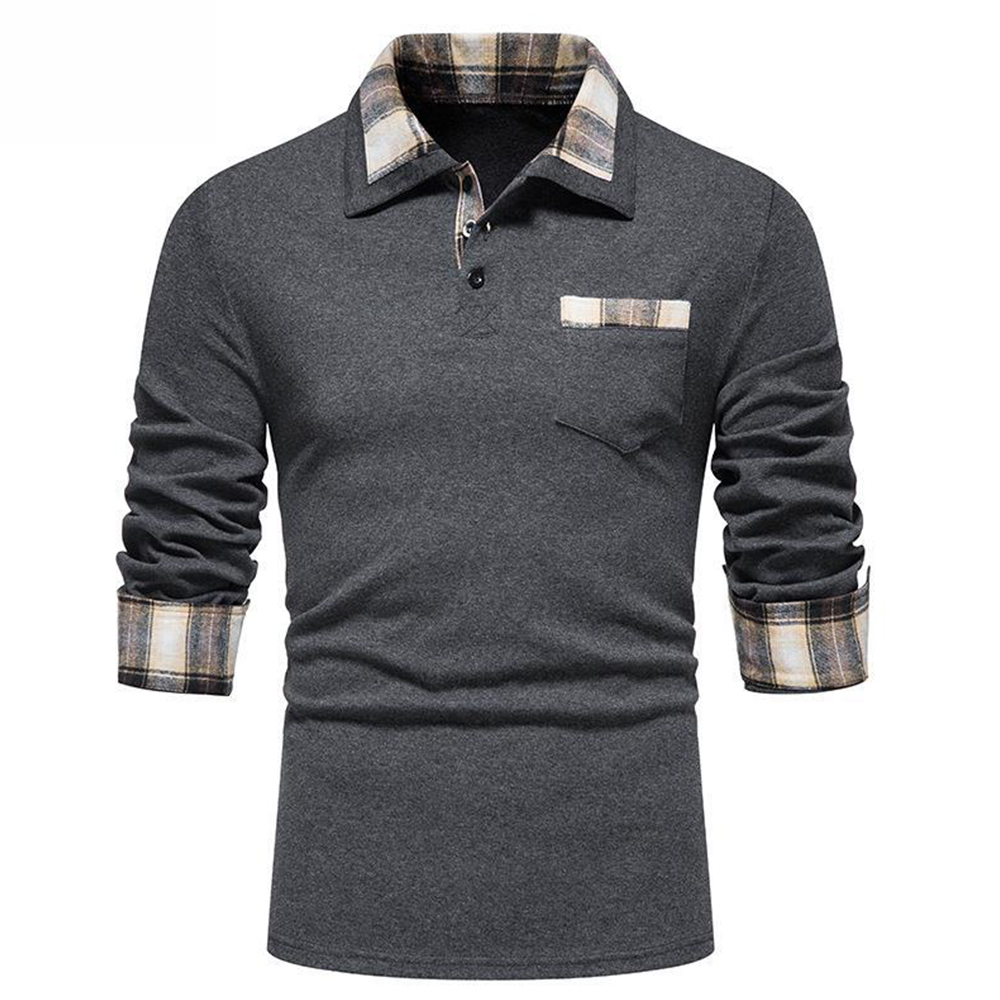 Diggetty New Men's Plaid Long Sleeve Color Matching Polo Shirt