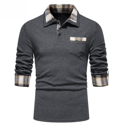 Diggetty New Men's Plaid Long Sleeve Color Matching Polo Shirt