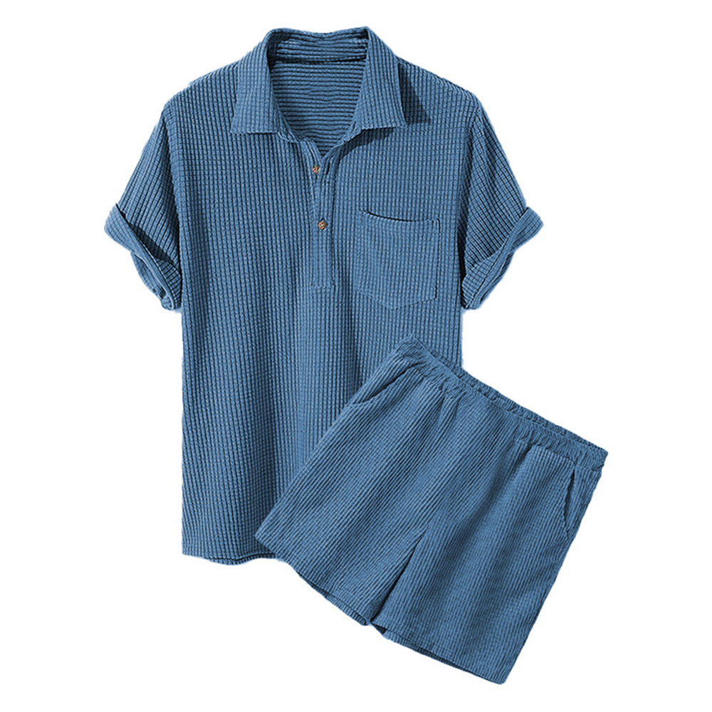 Diggetty Men's Casual Loose Waffle Short Sleeve Shorts Two-Piece Set