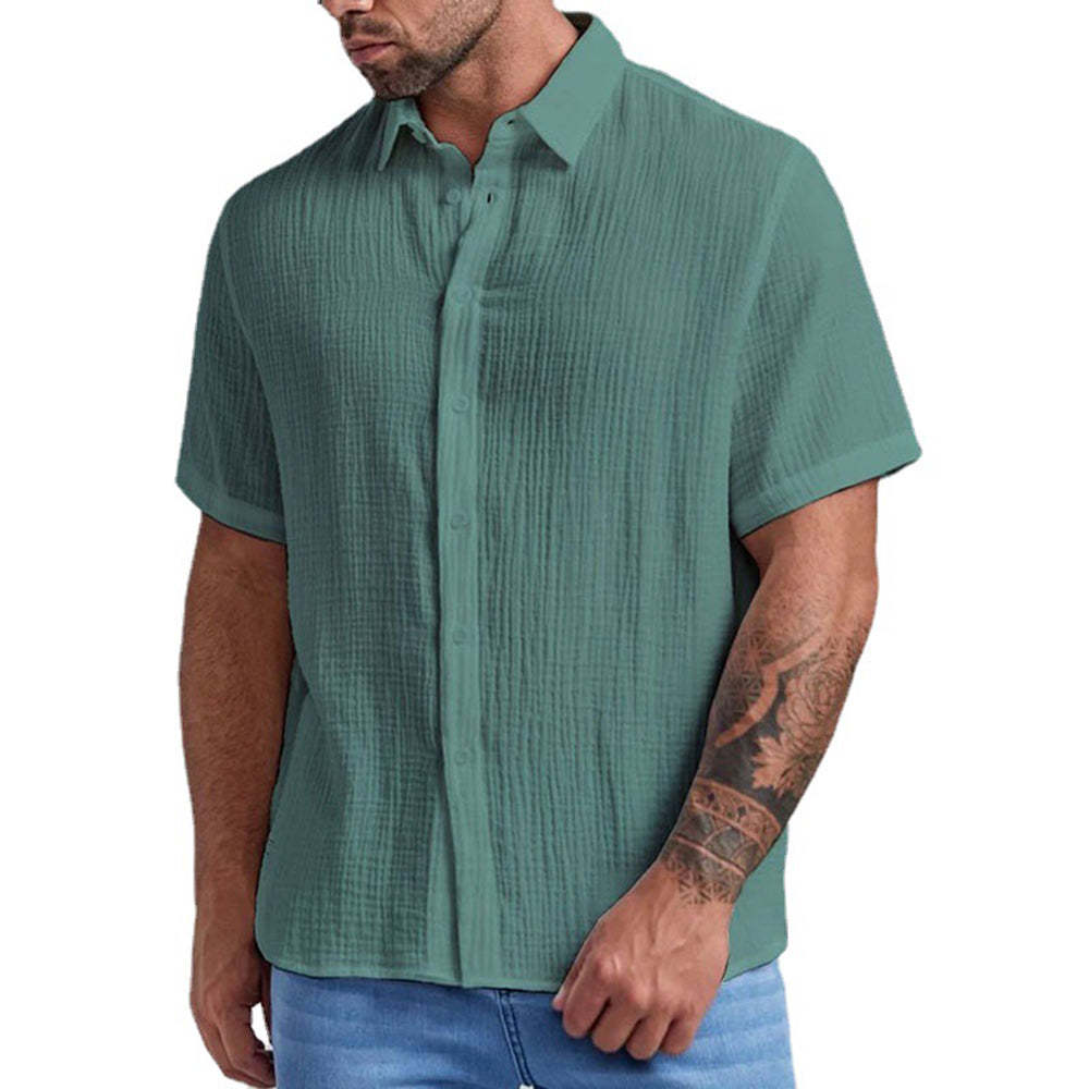 New Men's Slim Lapel Collar Pleated Short Sleeve Shirt