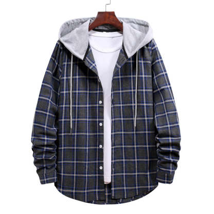 Men's Plaid Hooded Long Sleeve Shirt Jacket
