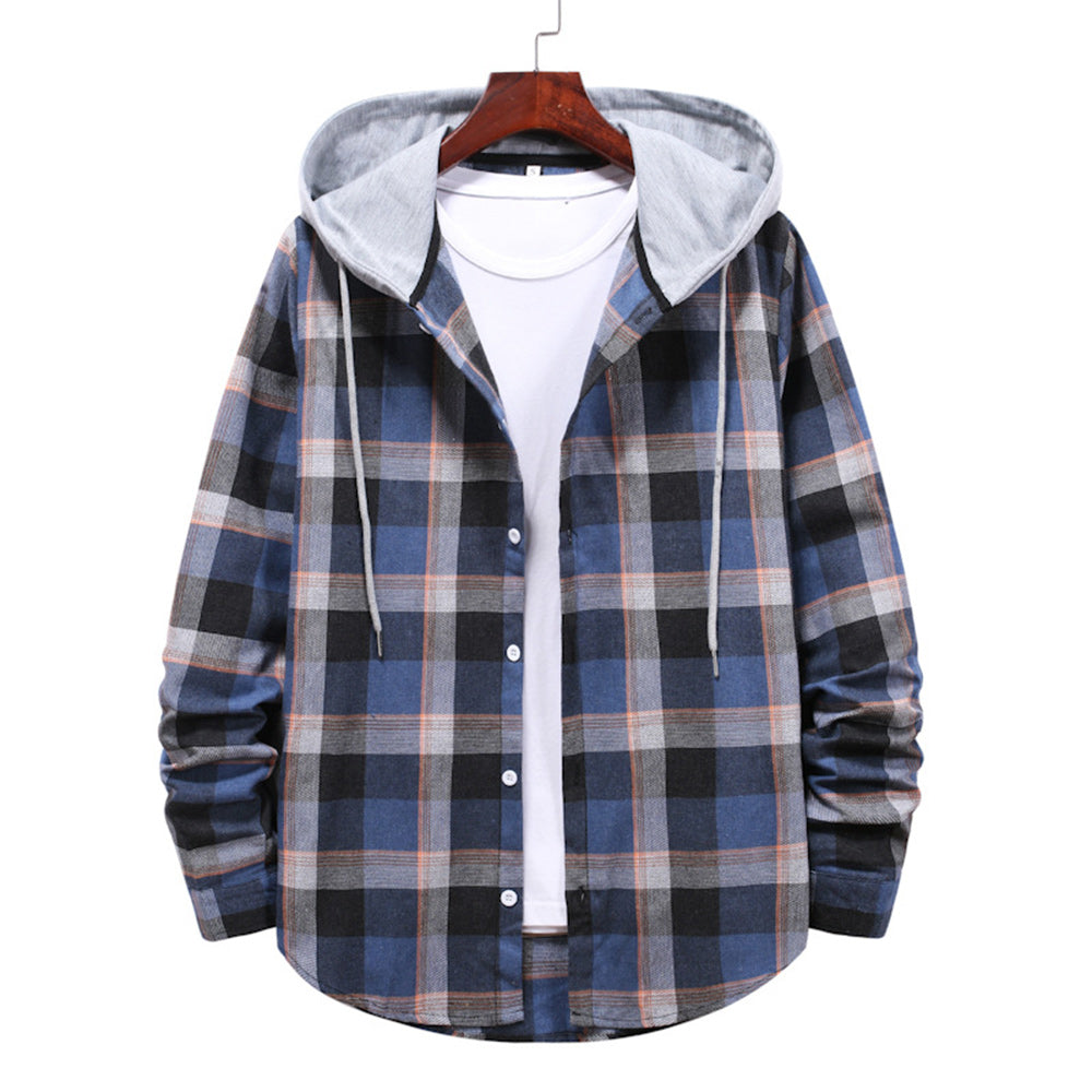 Men's Plaid Hooded Long Sleeve Shirt Jacket