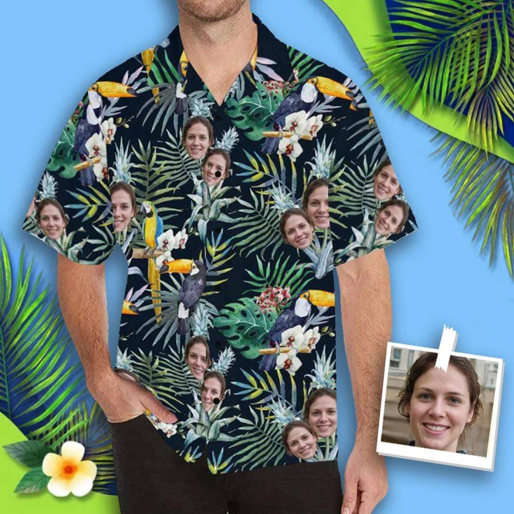 1 Custom Hawaiian Shirt with Face Best Couple Gift Flower Parrot Face Shirt Personalized Hawaiian Shirts Birthday Party Gift