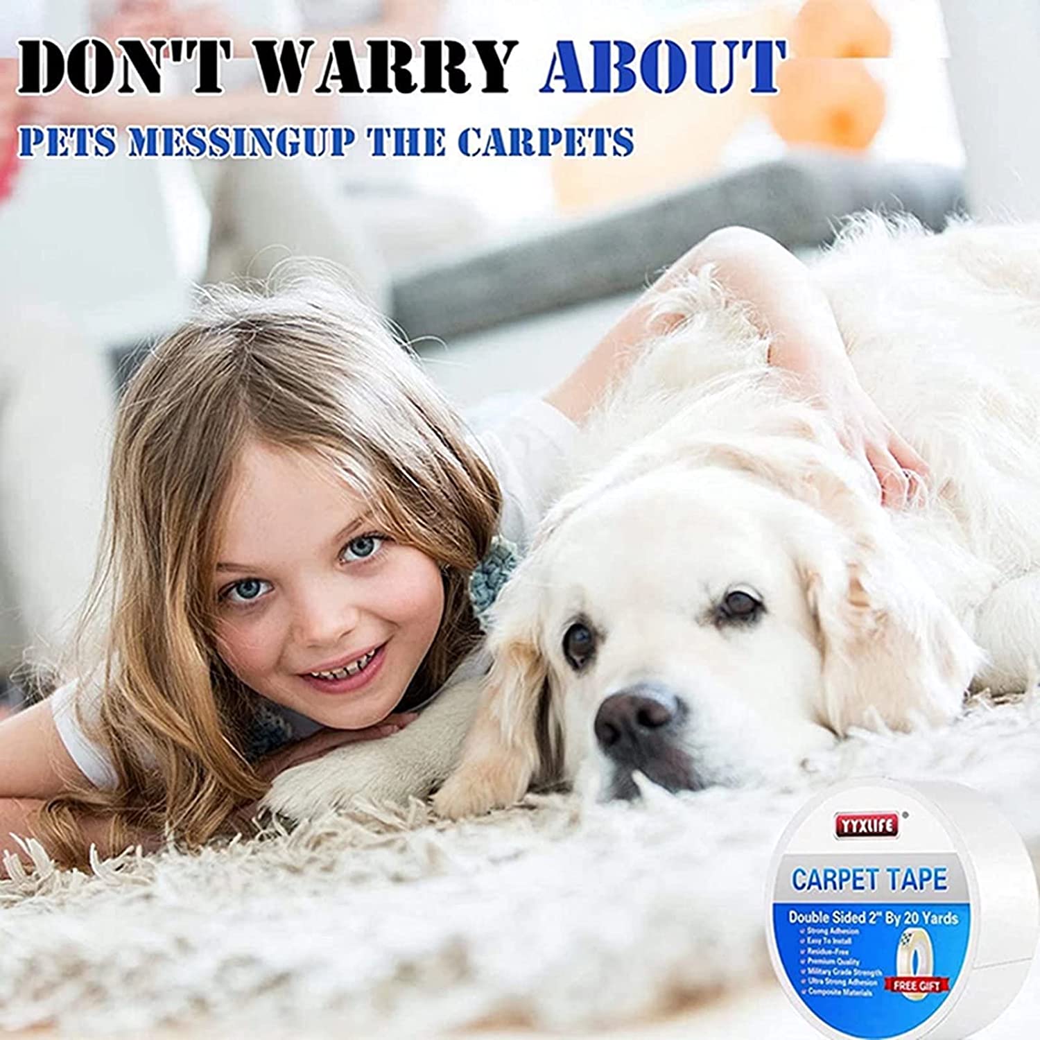 YYXLIFE Double Sided Carpet Tape for Hardwood Floors,Area Rugs Carpet Adhesive Removable Multi-Purpose Rug Tape Cloth Outdoor Steps,Heavy Duty Sticky Tape,White (2Inch x 20 Yards)