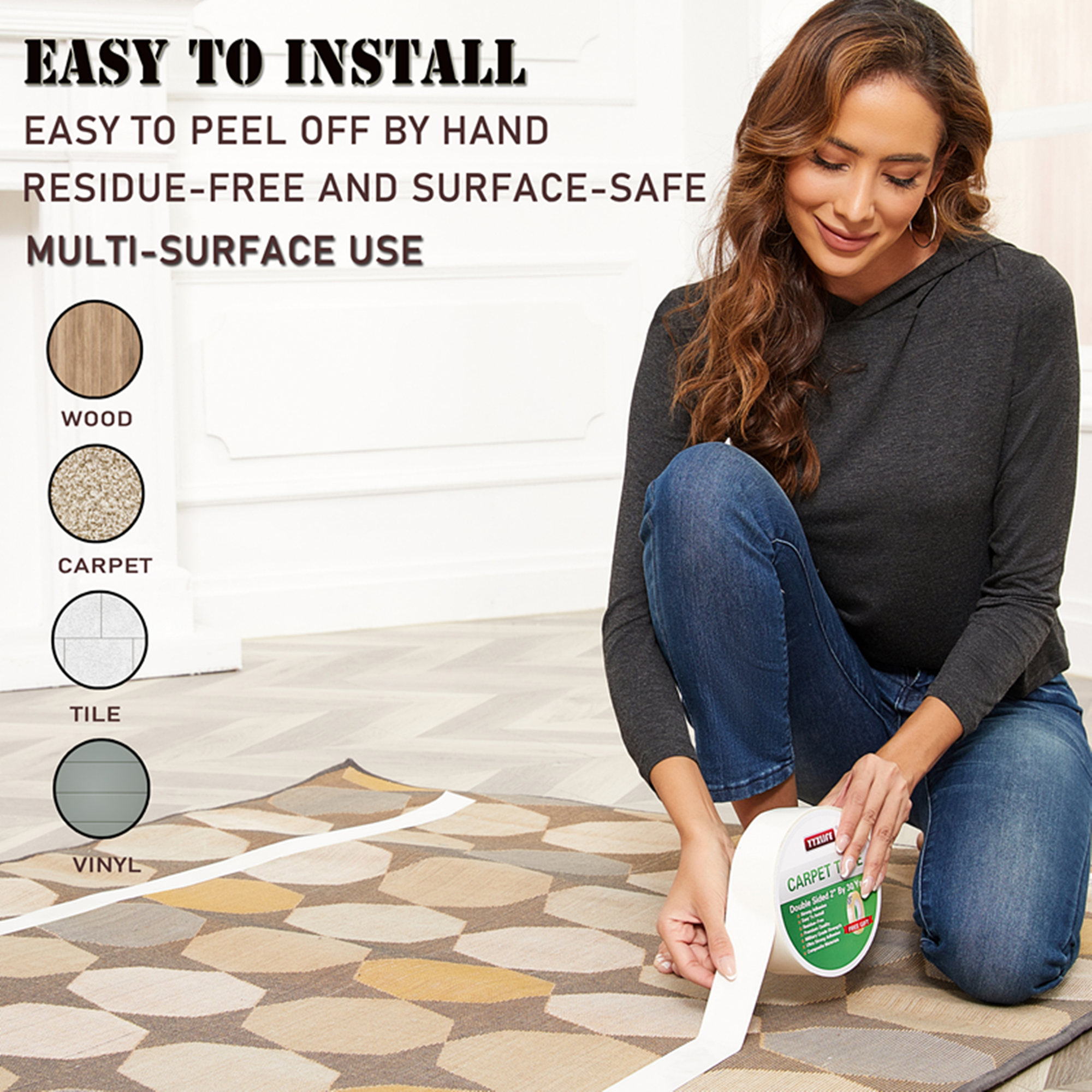 YYXLIFE Rug Tape Double Sided Carpet Tape Heavy Duty, 2 Inch x 30 Yards, Carpet Adhesive Removable Multi-Purpose Tape Cloth for Area Rugs, Outdoor Rugs, Carpets, Tape Carpet Adhesive, White