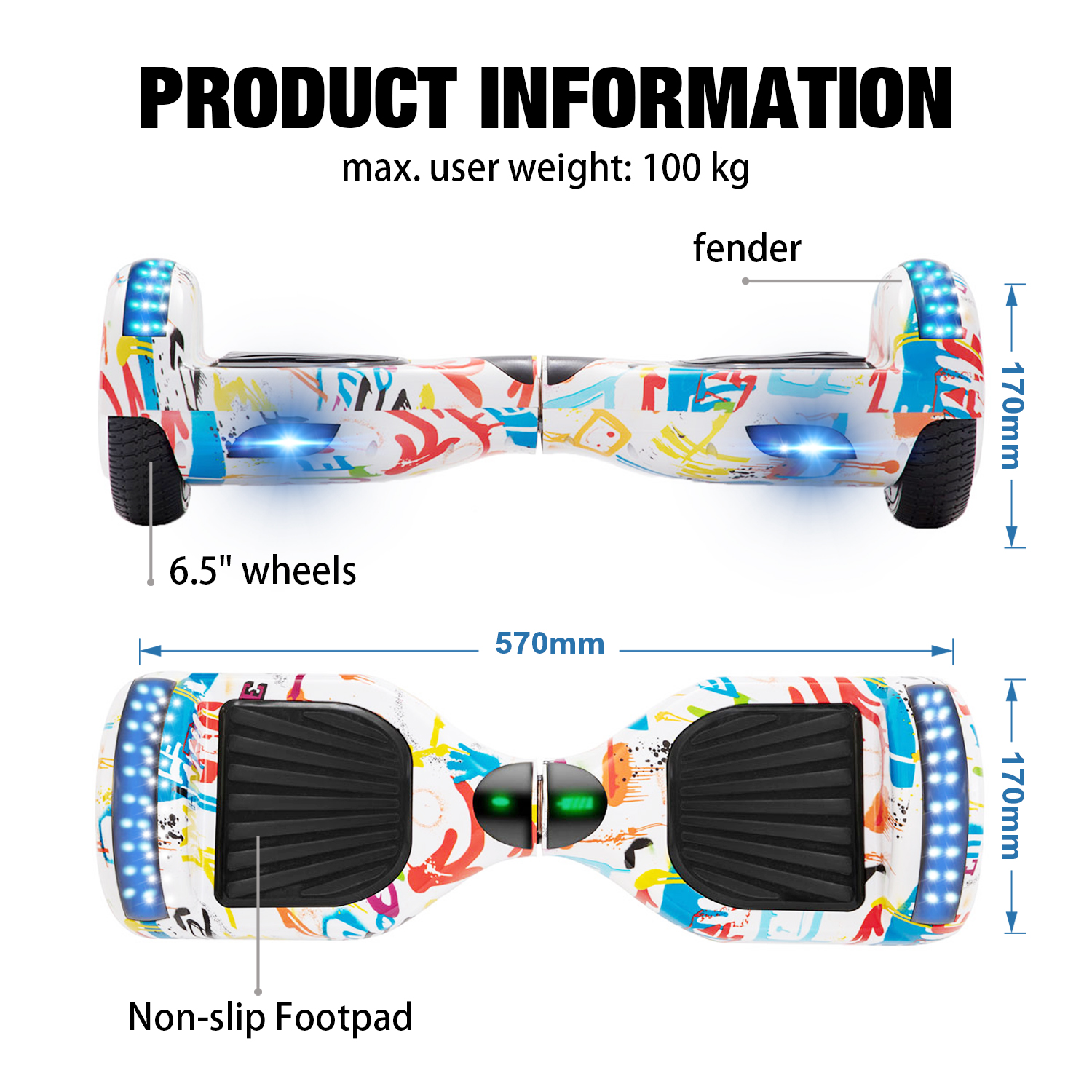 Graffiti White 6.5" Hoverboard Bluetooth & Classic LED