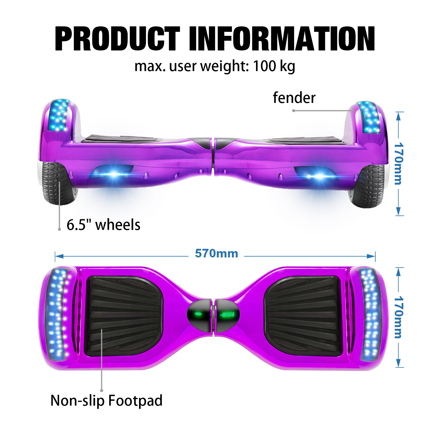 Chrome Purple 6.5" Hoverboard Bluetooth & Classic LED