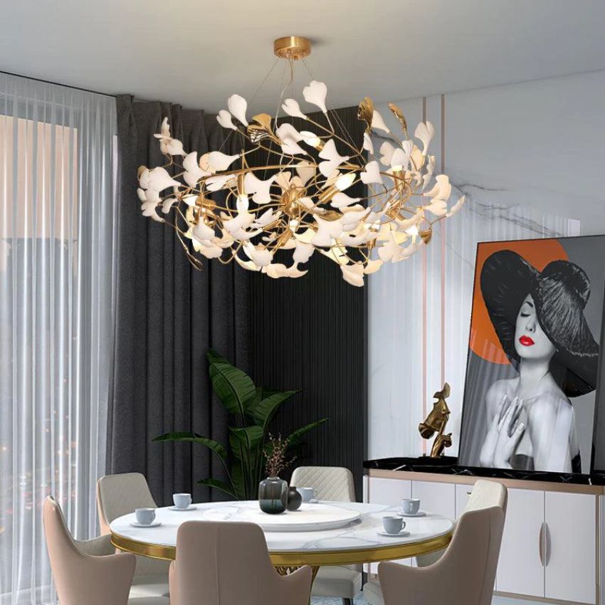 Gingko Porcelain Petal Brass Round Branch Chandelier - Yami Lightings