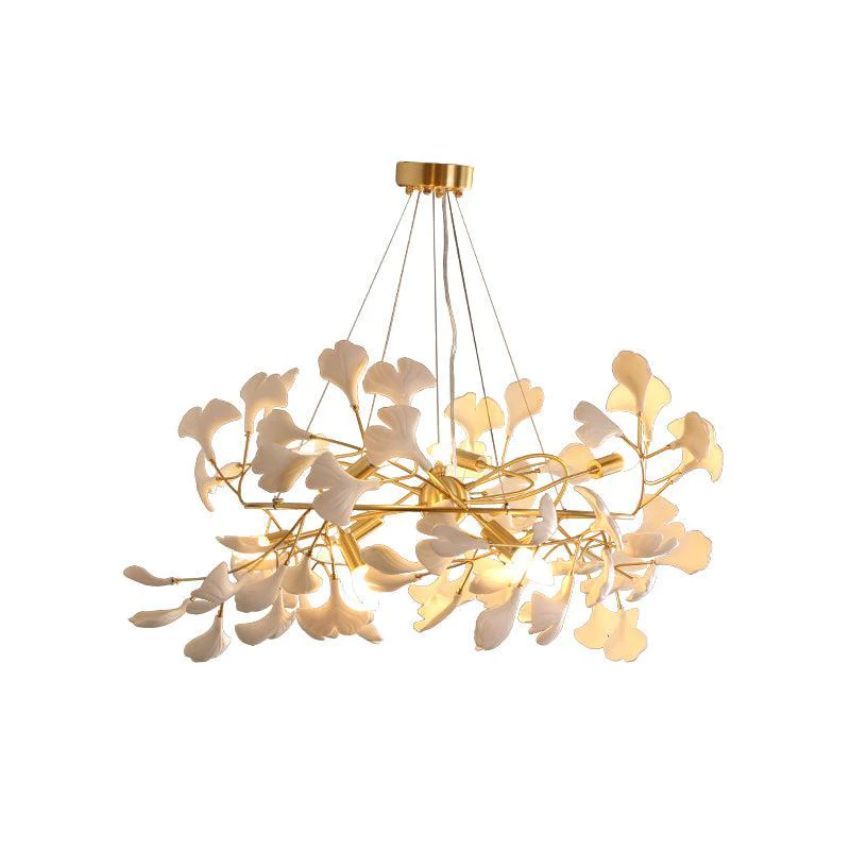 Gingko Porcelain Petal Brass Round Branch Chandelier - Yami Lightings