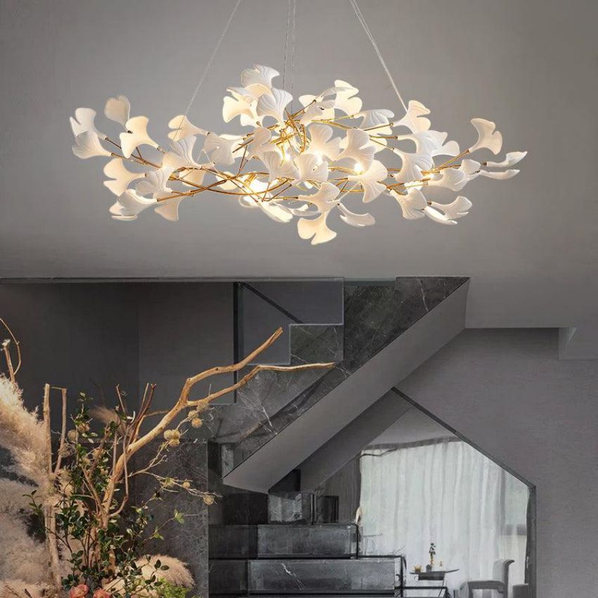 Gingko Porcelain Petal Brass Branch Chandelier - Yami Lightings