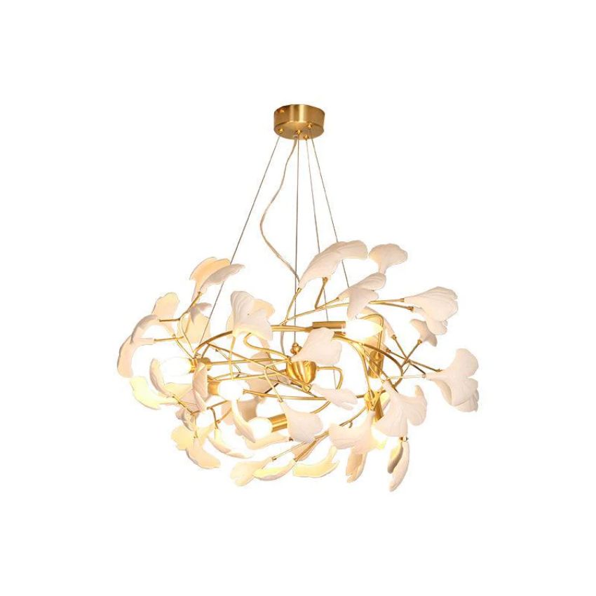 Gingko Porcelain Petal Brass Round Branch Chandelier - Yami Lightings