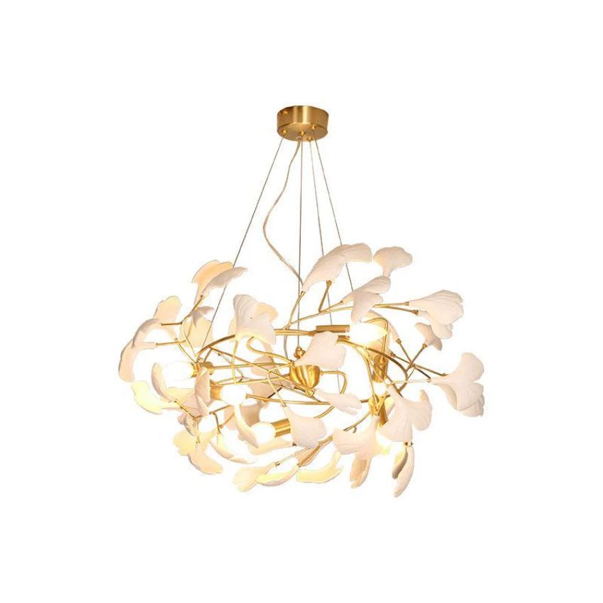 Gingko Porcelain Petal Brass Round Branch Chandelier - Yami Lightings