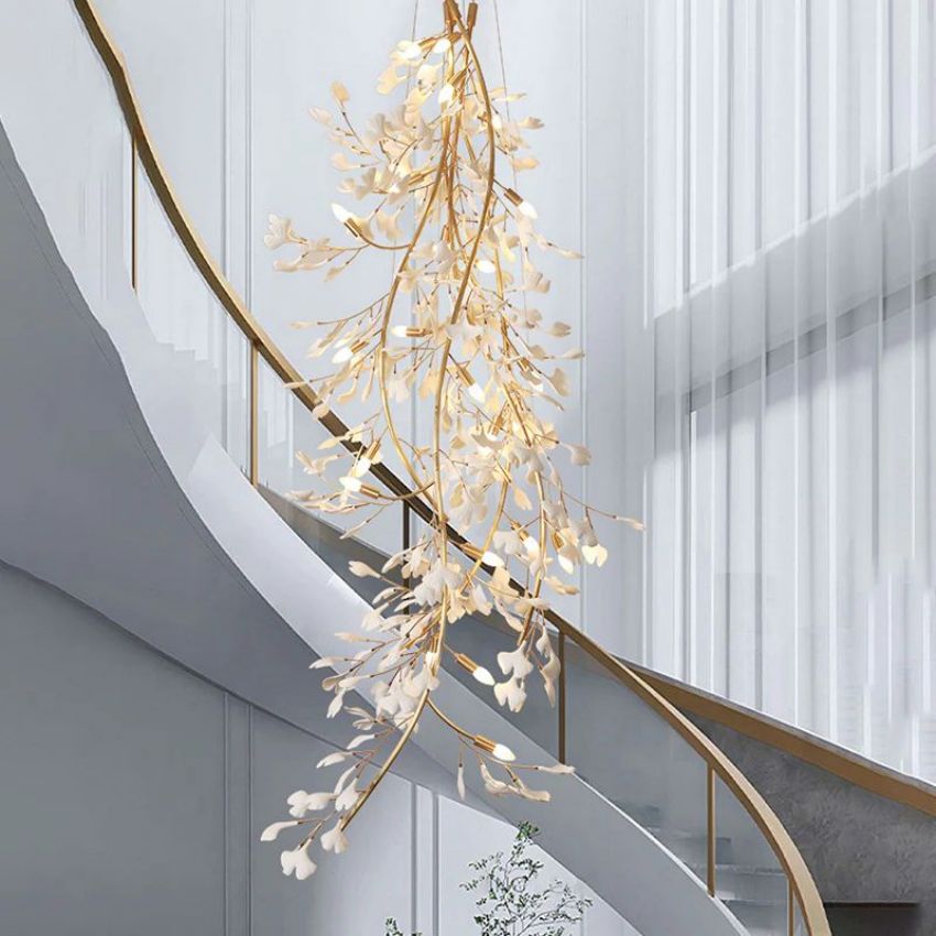 Gingko Porcelain Petal Staircase Branch Chandelier - Yami Lightings