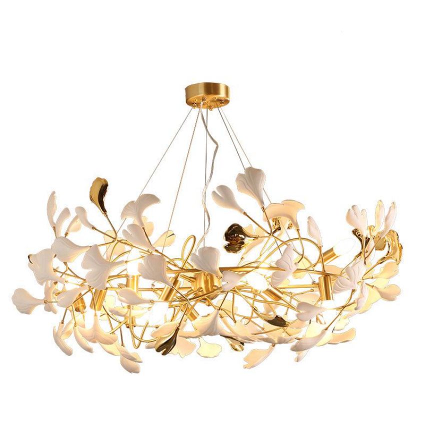 Gingko Porcelain Petal Brass Round Branch Chandelier - Yami Lightings