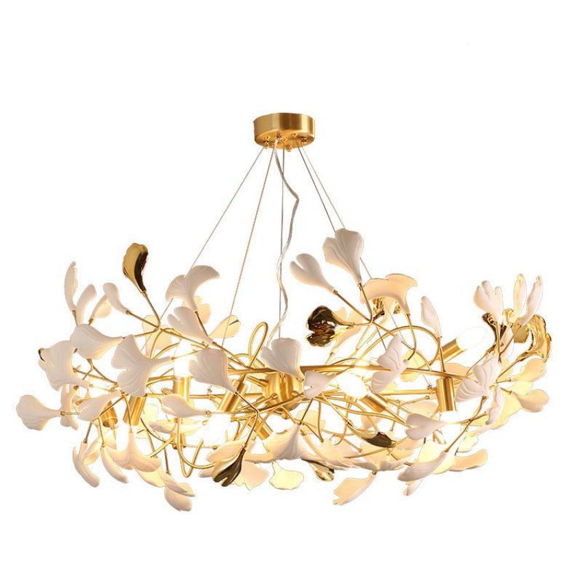 Gingko Porcelain Petal Brass Round Branch Chandelier - Yami Lightings