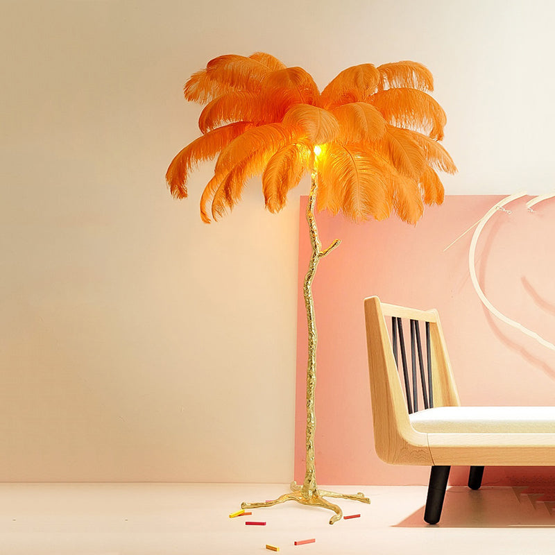 Elva Nordic Ostrich Feather Floor Lamp Brass Lighting - Yami Lightings