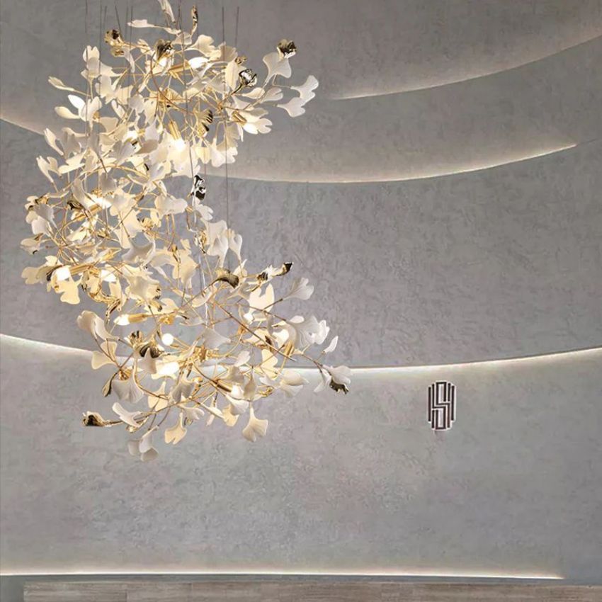 Gingko Porcelain Petal Staircase Branch Chandelier - Yami Lightings