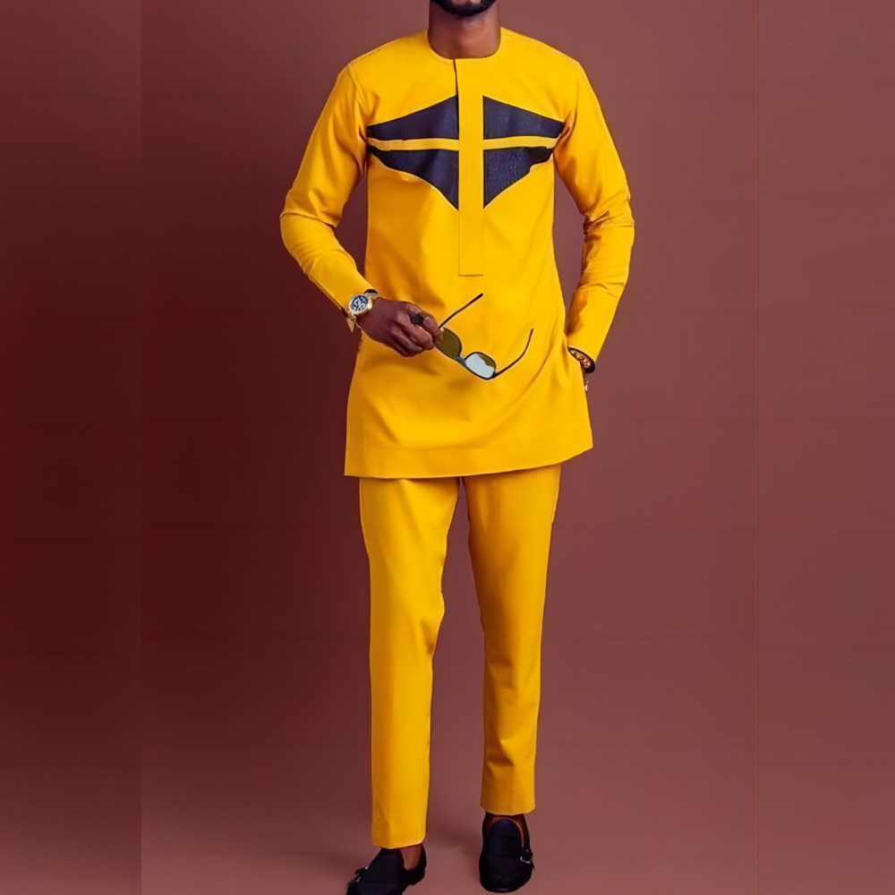 African Wedding Style Suit Men's Attire Long Coat Top with Matching Trousers Ethnic Casual Outfit 10212-Africance
