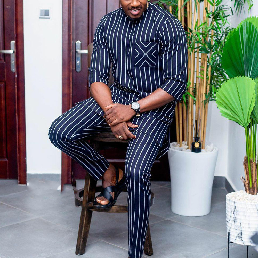 Men's Solid Round Neck Business Suit in African suit Style 10211-Africance