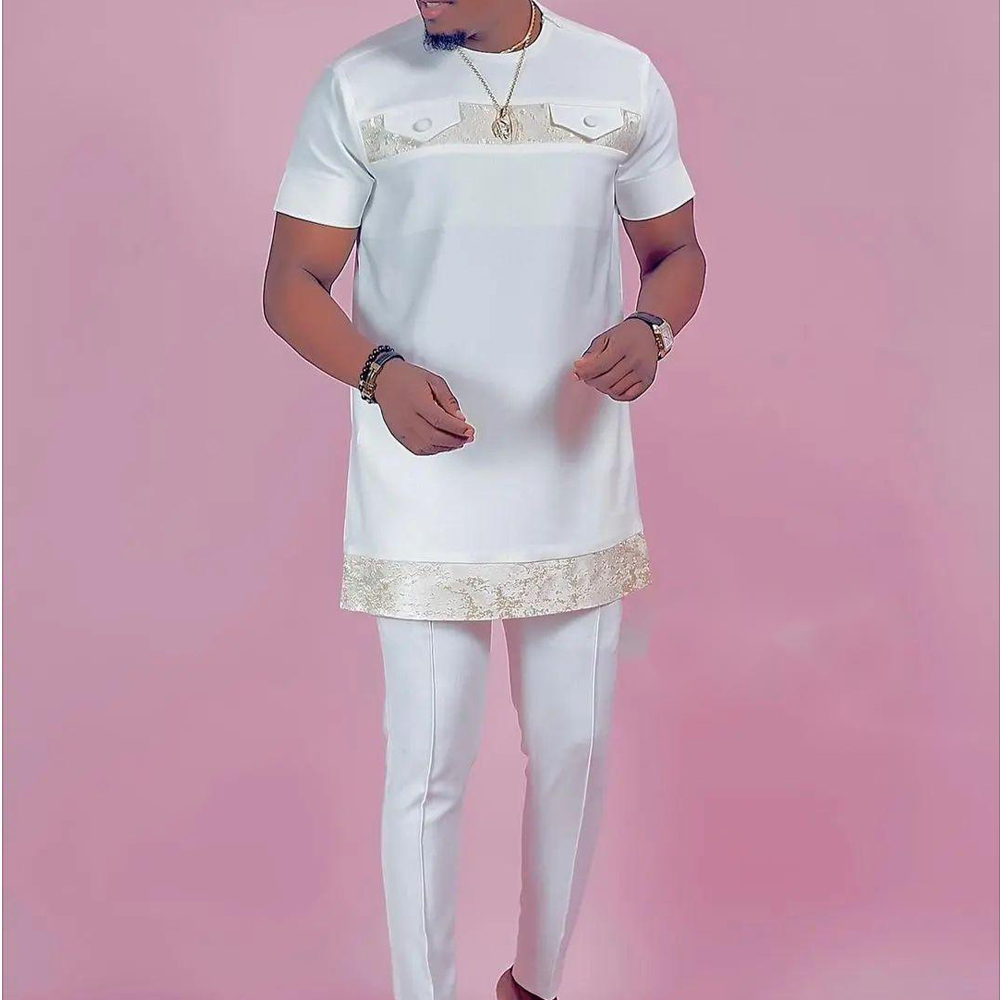 2023 Summer Business New Men's Short Sleeve Suit Patchwork Pocket Shirt Pants 2 Pieces Outfits Wedding Party African Men's Sets