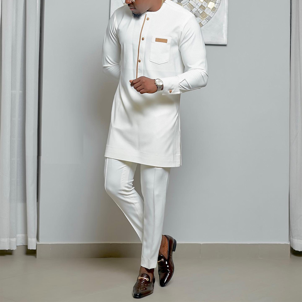 2023 Summer Business New Men's Short Sleeve Suit Patchwork Pocket Shirt Pants 2 Pieces Outfits Wedding Party African Men's Sets
