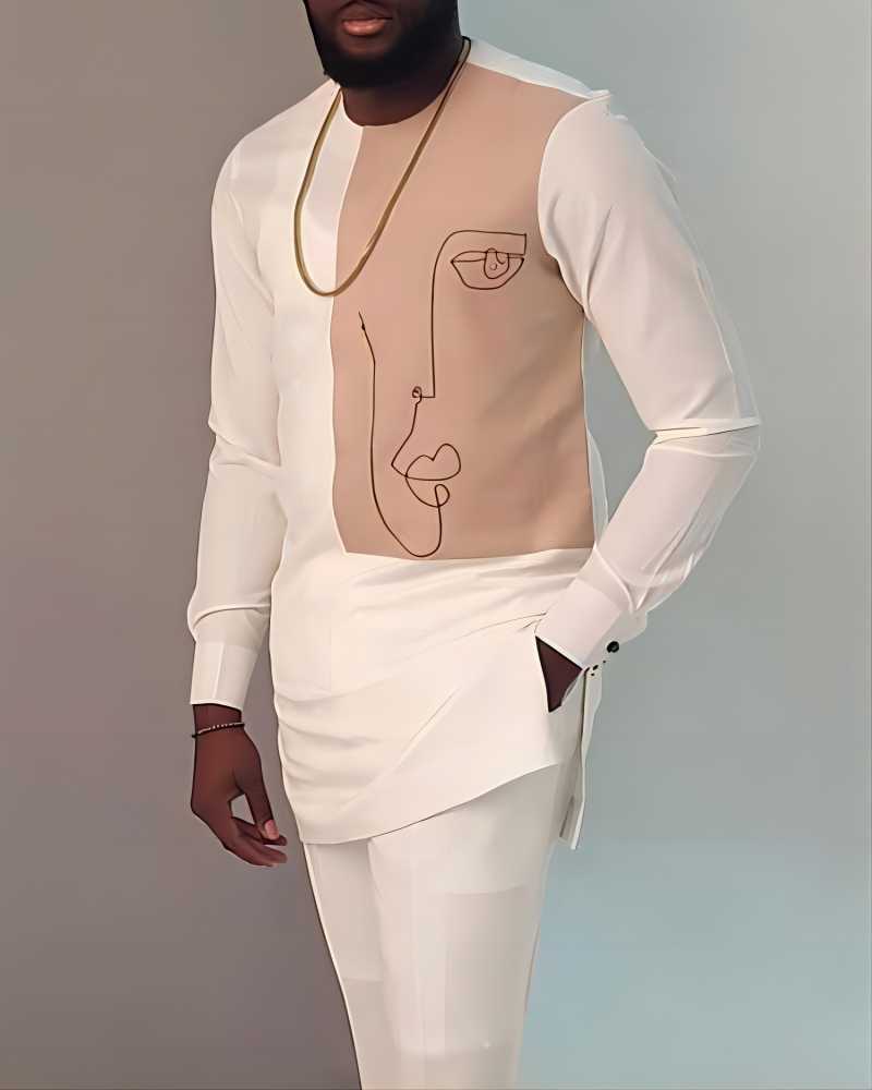 2023 Dashiki New Men's Clothing Geometric Print Long Sleeve Shirt Pants Suit Wedding Groom Dress Ball Handsome Slim Men's Suit