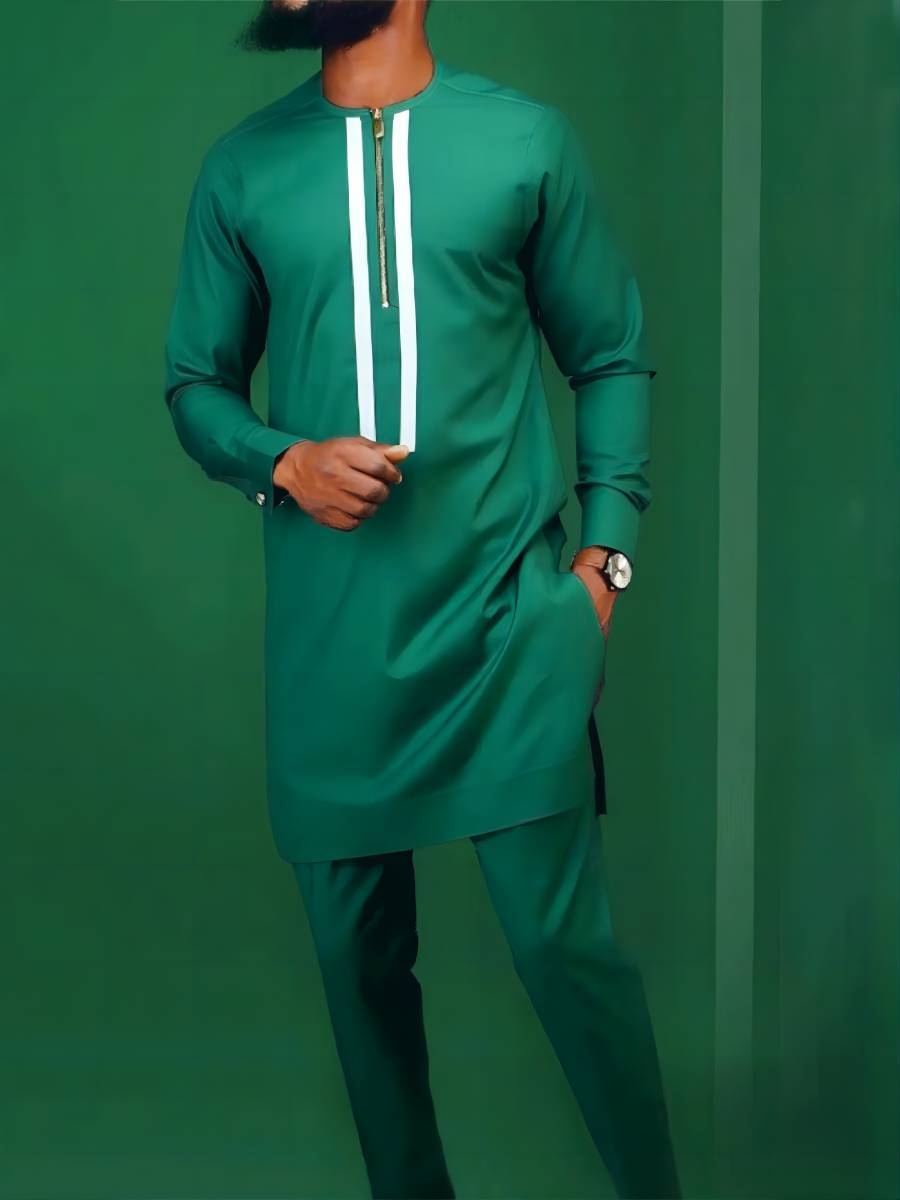 Middle East Ethnic Style Fashion Green Banquet Men's Long Sleeve Shirt Two Piece Casual Suit Dashiki Men Vêtements Hommes Clot