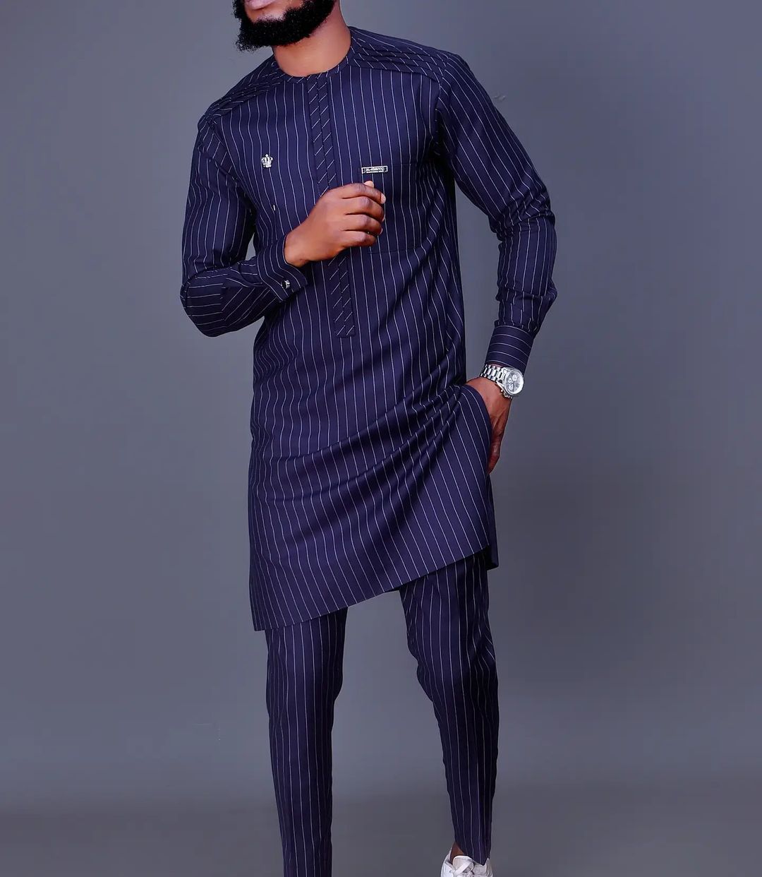 Men's chic casual dark blue geometric print two-piece suit
