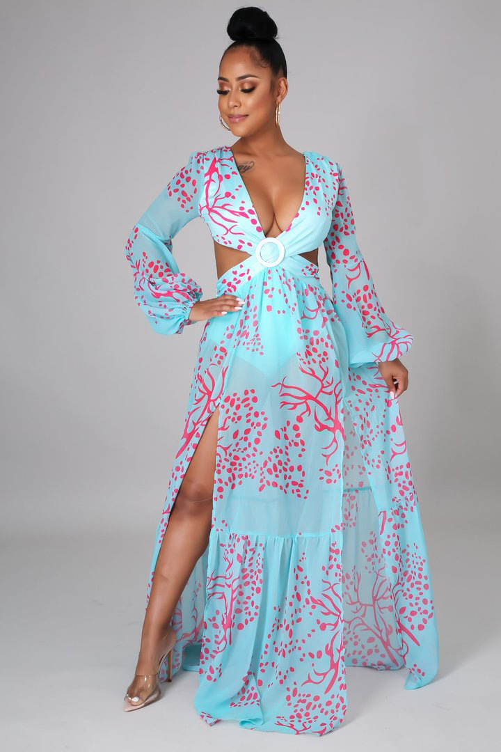 Island Cruising Cut Out Long Sleeve Maxi Dress