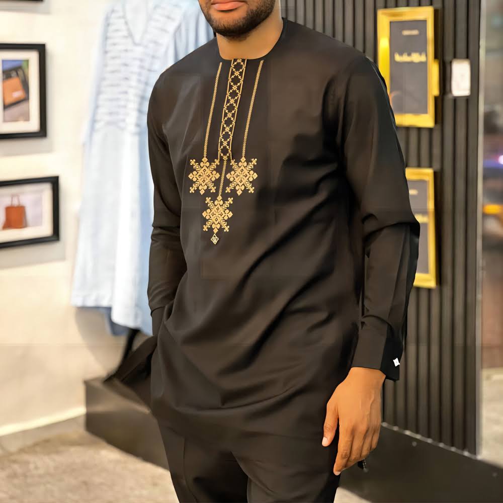 Fashionable men's two-piece suit men's suit round neck long sleeved ethnic top shirt long pants comfortable clothing wedding dress