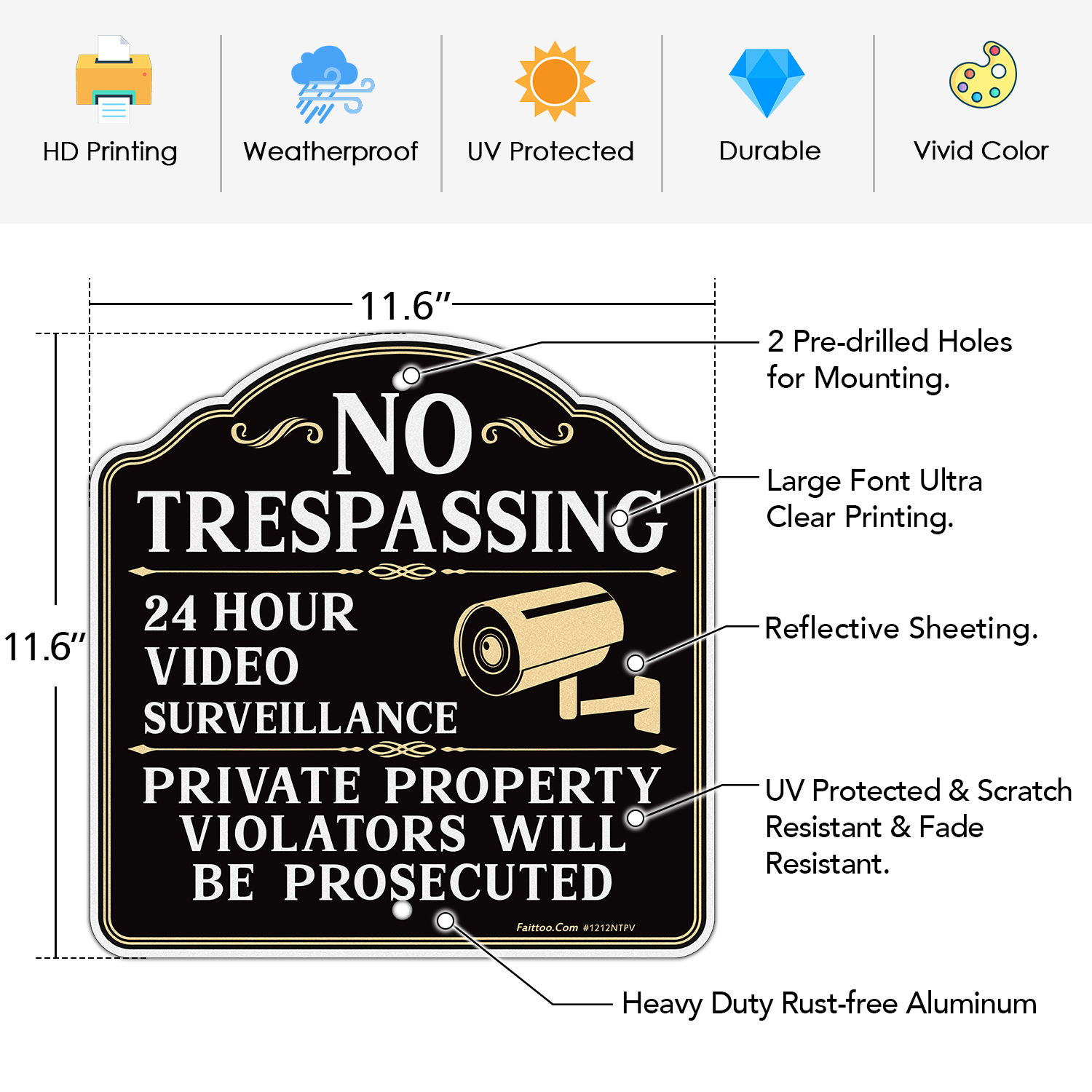 Faittoo No Trespassing Sign Private Property Protected By Video Surveillance Violators Will Be Prosecuted Sign, 11.6 x 11.6 Inch Reflective Aluminum Warning Sign, Weather/Fade Resistant, Easy to Install