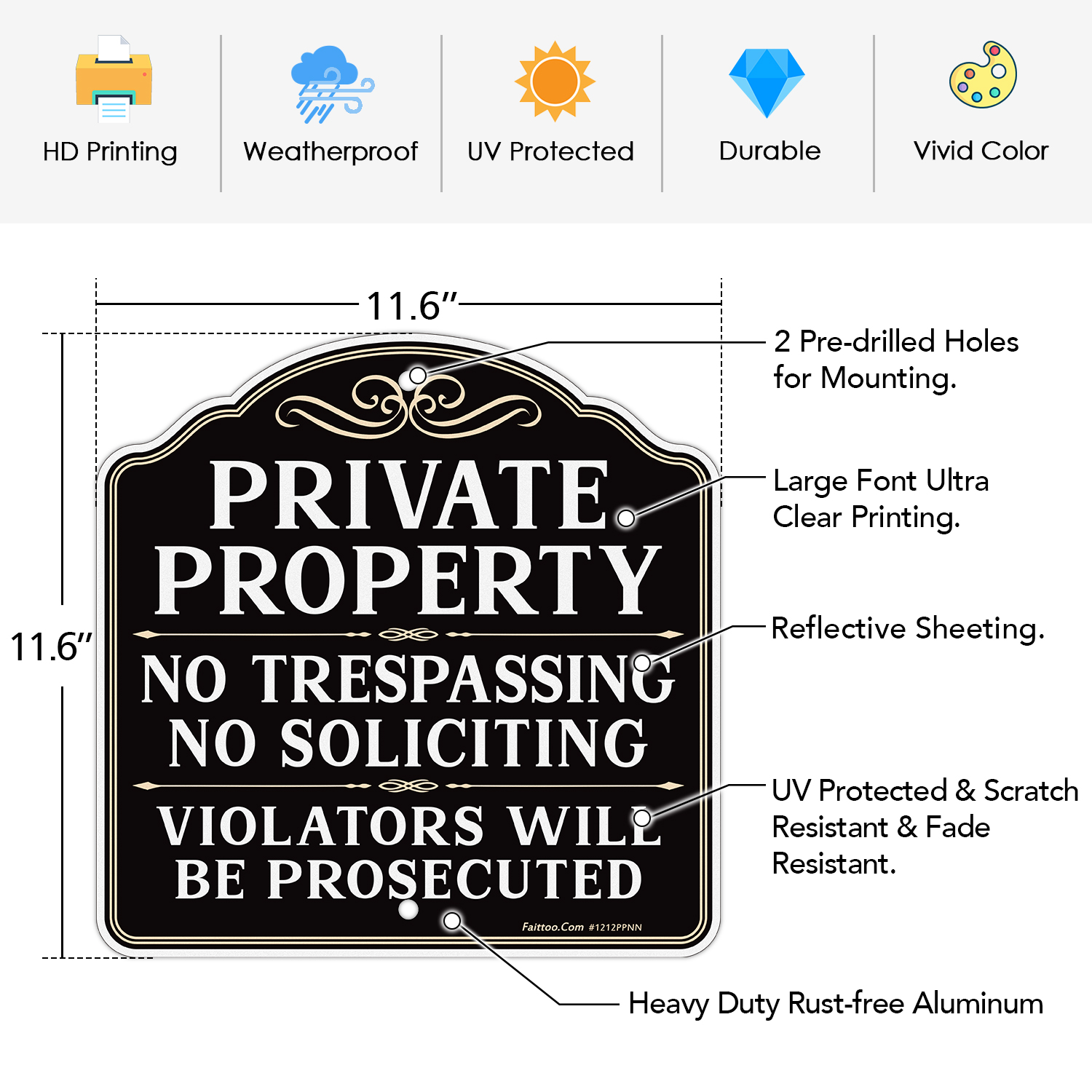 Faittoo Private Property No Trespassing No Soliciting Sign, Violators Will Be Prosecuted Sign, 11.6 x 11.6 Inch Reflective Aluminum, UV Protected, Weather/Fade Resistant, Easy to Install