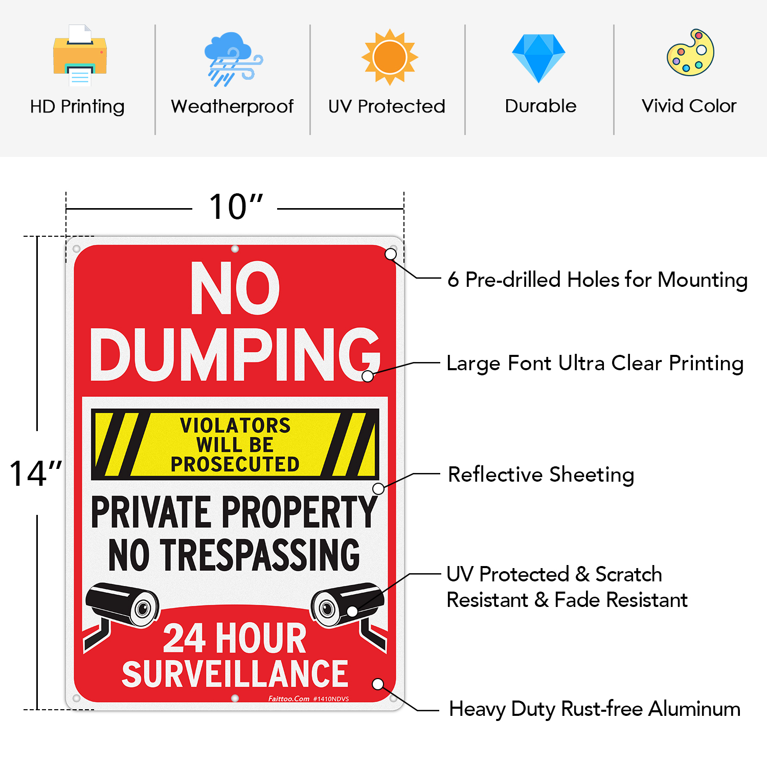 Faittoo No Dumping Sign,"Private Property No Trespassing, 24 Hour Surveillance, Violators Will Be Prosecuted" Sign, 14 x 10 Inch Reflective Aluminum Sign, Weather/Fade Resistant, Easy to Install