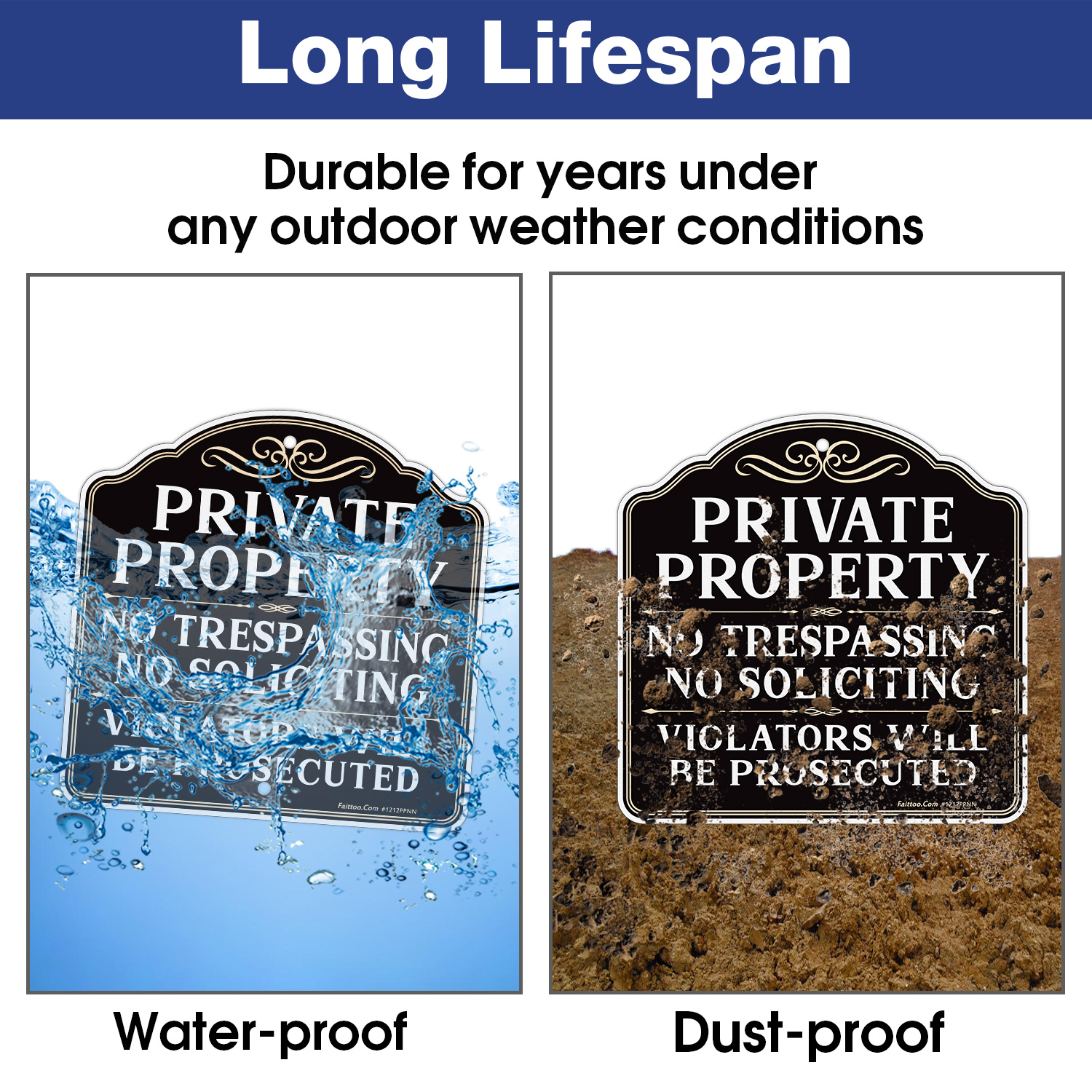 Faittoo Private Property No Trespassing No Soliciting Sign, Violators Will Be Prosecuted Sign, 11.6 x 11.6 Inch Reflective Aluminum, UV Protected, Weather/Fade Resistant, Easy to Install