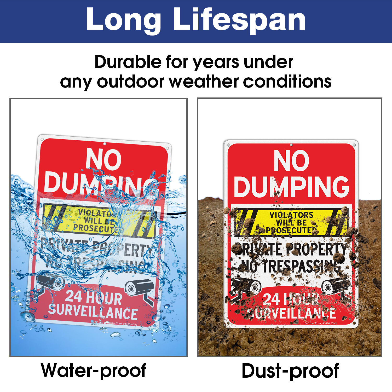 Faittoo No Dumping Sign,"Private Property No Trespassing, 24 Hour Surveillance, Violators Will Be Prosecuted" Sign, 14 x 10 Inch Reflective Aluminum Sign, Weather/Fade Resistant, Easy to Install