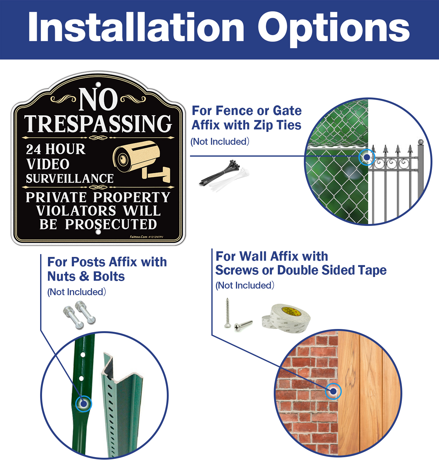 Faittoo No Trespassing Sign Private Property Protected By Video Surveillance Violators Will Be Prosecuted Sign, 11.6 x 11.6 Inch Reflective Aluminum Warning Sign, Weather/Fade Resistant, Easy to Install