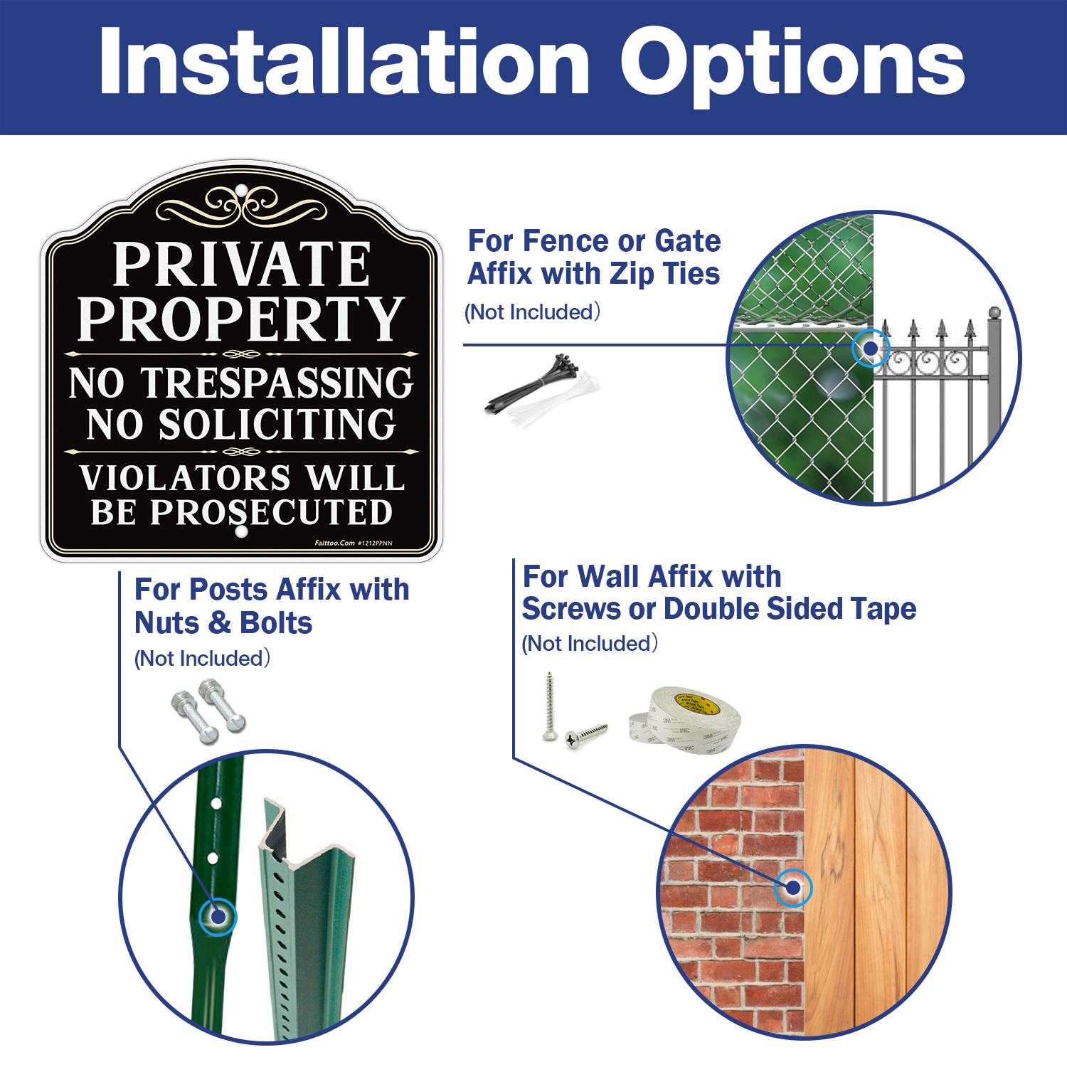 Faittoo Private Property No Trespassing No Soliciting Sign, Violators Will Be Prosecuted Sign, 11.6 x 11.6 Inch Reflective Aluminum, UV Protected, Weather/Fade Resistant, Easy to Install