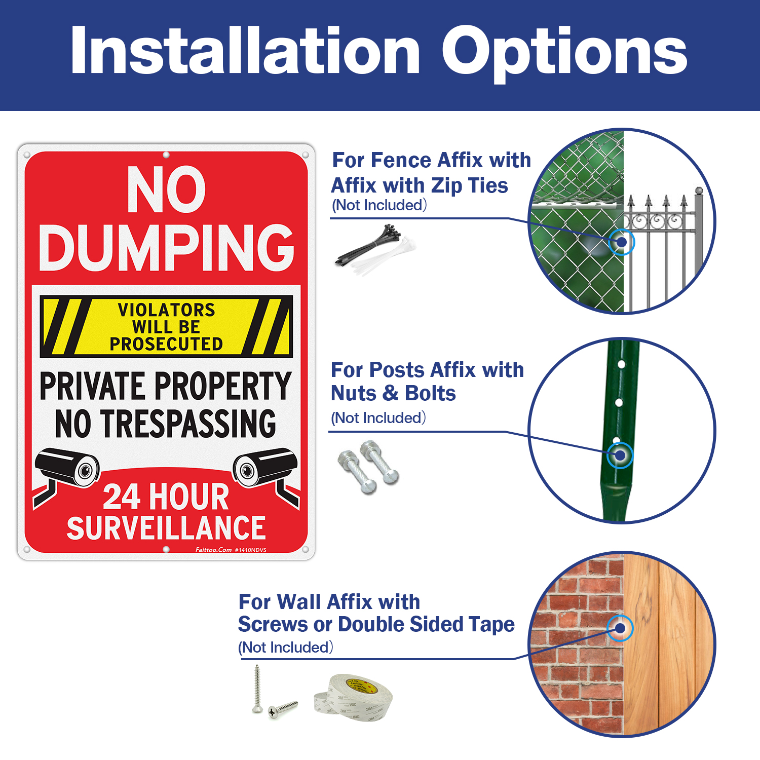 Faittoo No Dumping Sign,"Private Property No Trespassing, 24 Hour Surveillance, Violators Will Be Prosecuted" Sign, 14 x 10 Inch Reflective Aluminum Sign, Weather/Fade Resistant, Easy to Install