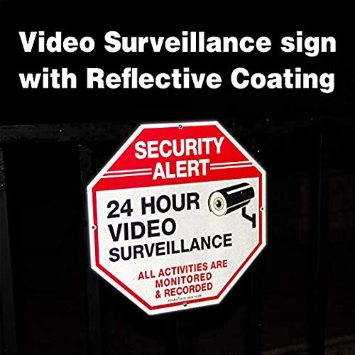 Video Surveillance Signs, Security Signs,Octagon 12 x12 Inches 40Mil Thick Aluminum Reflective Sign for Home Business CCTV Security Camera, UV Protected &amp; Waterproof, 4 Pack