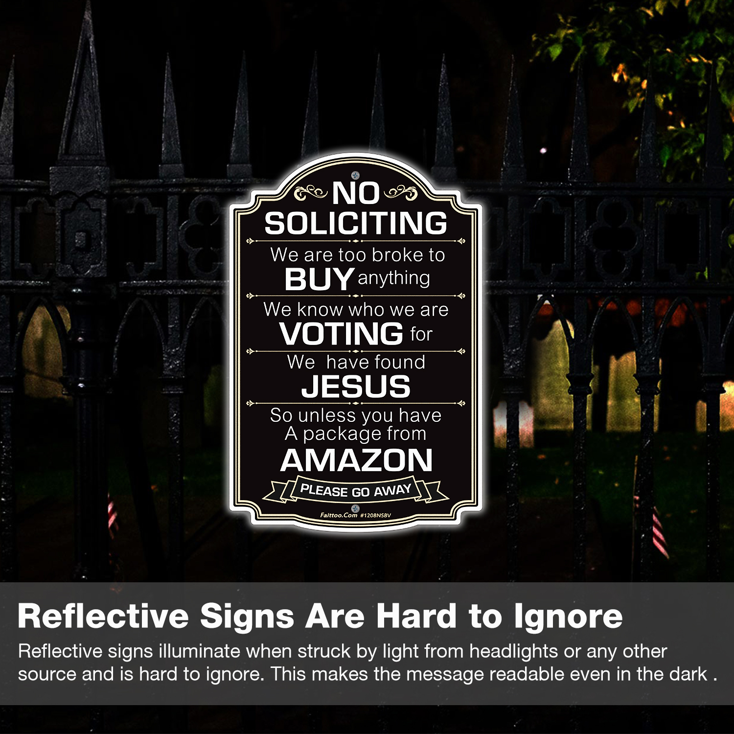 Faittoo No Soliciting Sign for House, Funny Go Away Sign, 11.6 x 7.6 Inch Reflective Aluminum No Soliciting Unless Signs for House Home Door Business, Weather/Fade Resistant, Easy to Install